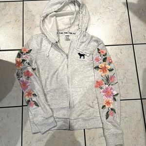 Light Grey Floral Victoria Secret Pink Zip Up Hoodie